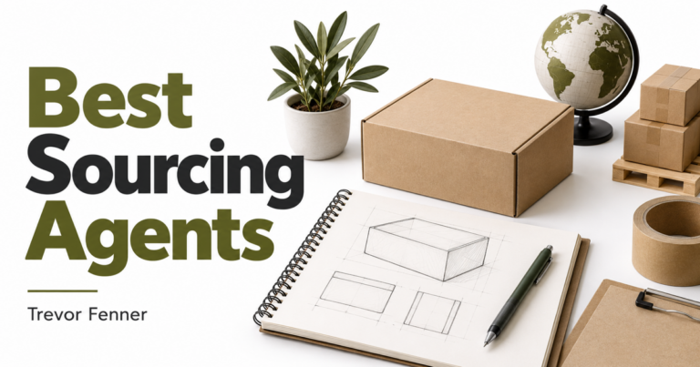 Best Sourcing Agents by Trevor Fenner with plain sample boxes and a specification notebook on a white background.