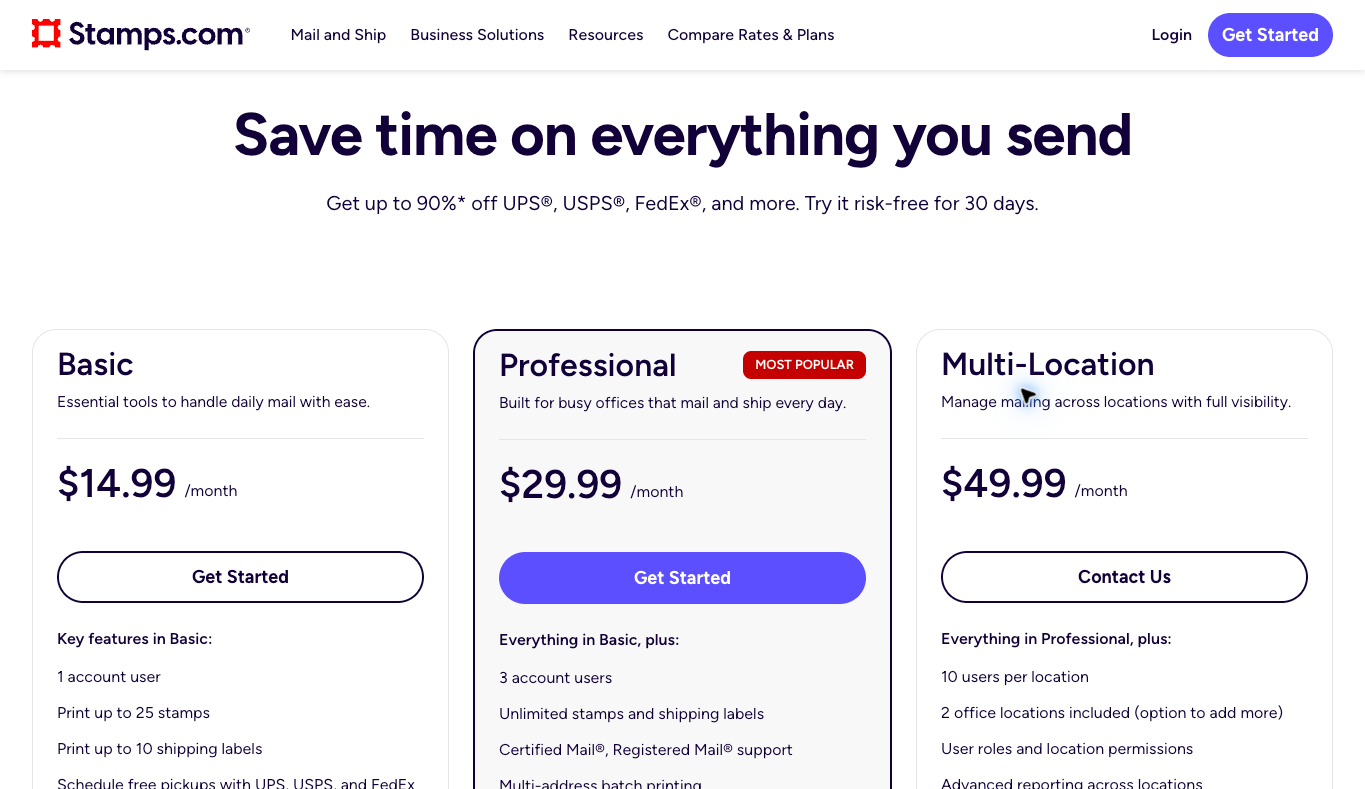 Stamps.com public Basic, Professional and Multi-Location plans, with monthly prices and Basic label limits