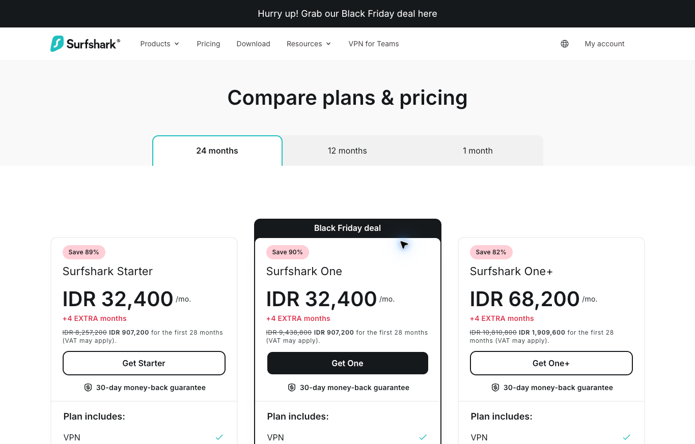 Surfshark Starter, One and One Plus pricing with the localized IDR introductory totals.