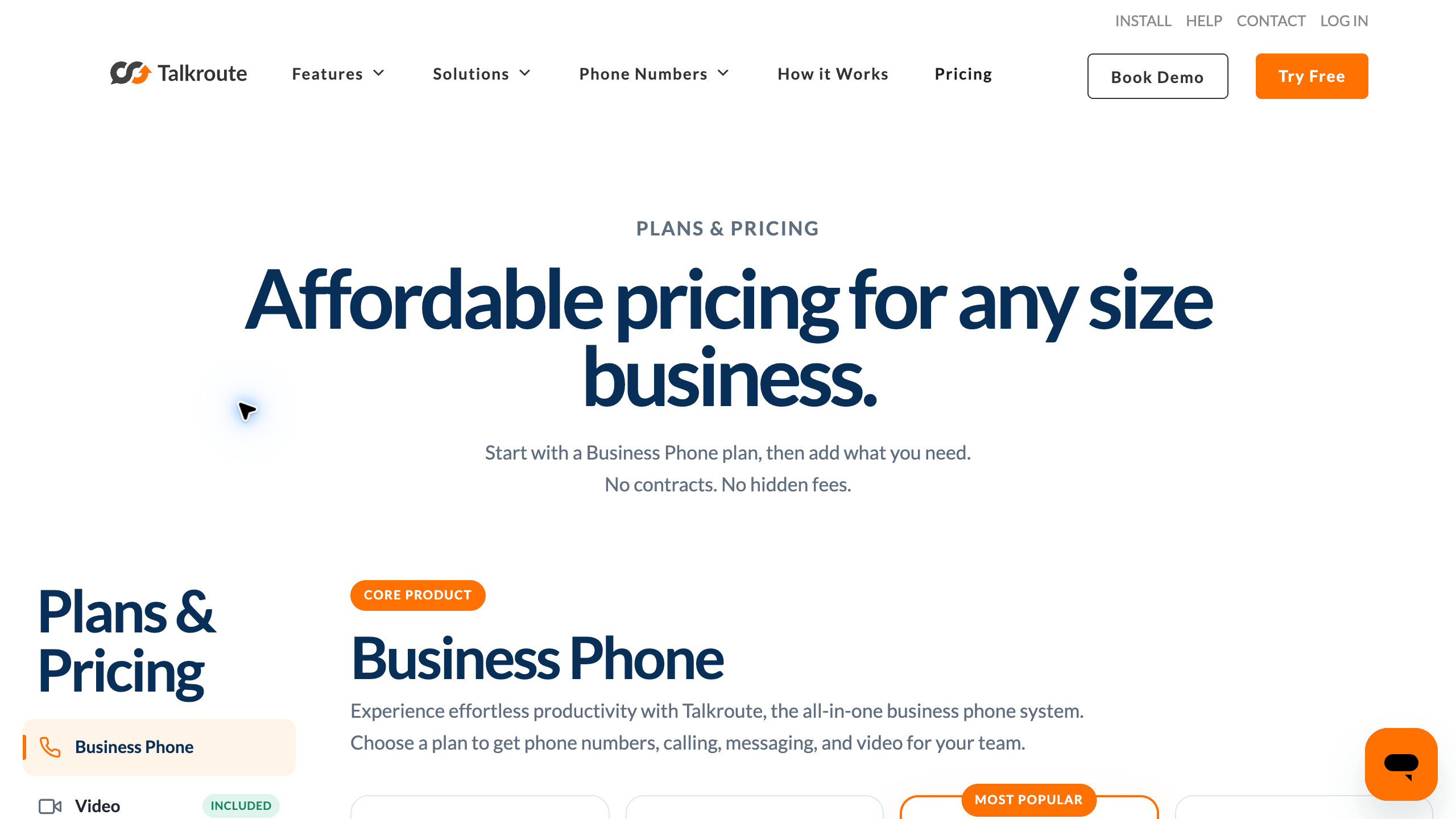 Talkroute business phone pricing page introducing account plans for small teams