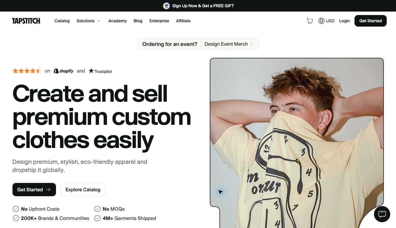 Tapstitch public apparel customization and dropshipping page with garment imagery