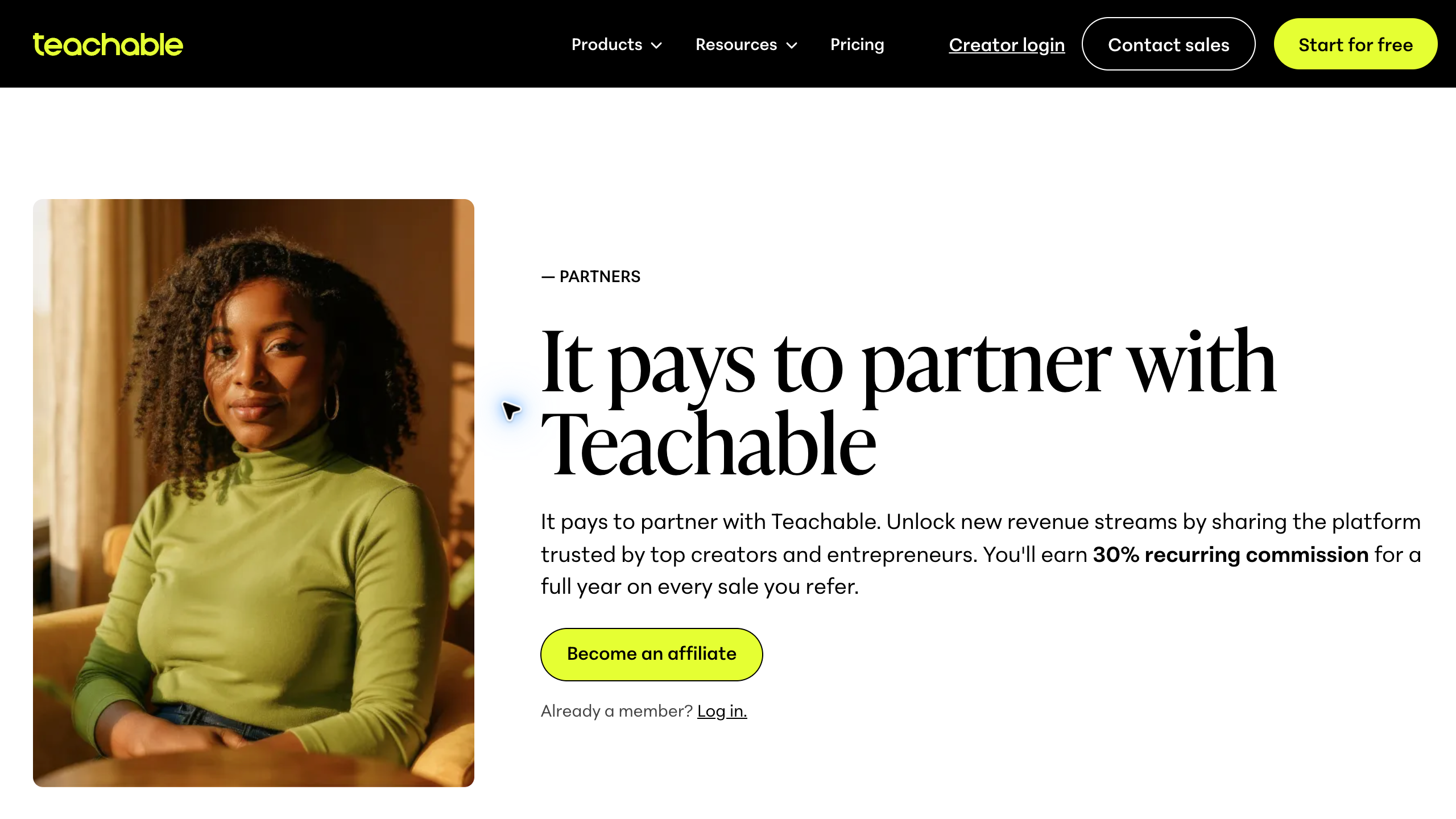 Teachable platform affiliate program showing 30 percent recurring commission for one year