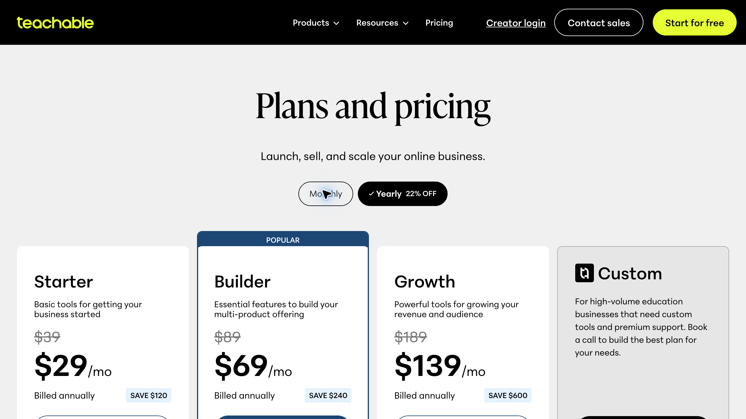 Teachable official pricing page showing Starter, Builder and Growth monthly equivalents billed annually