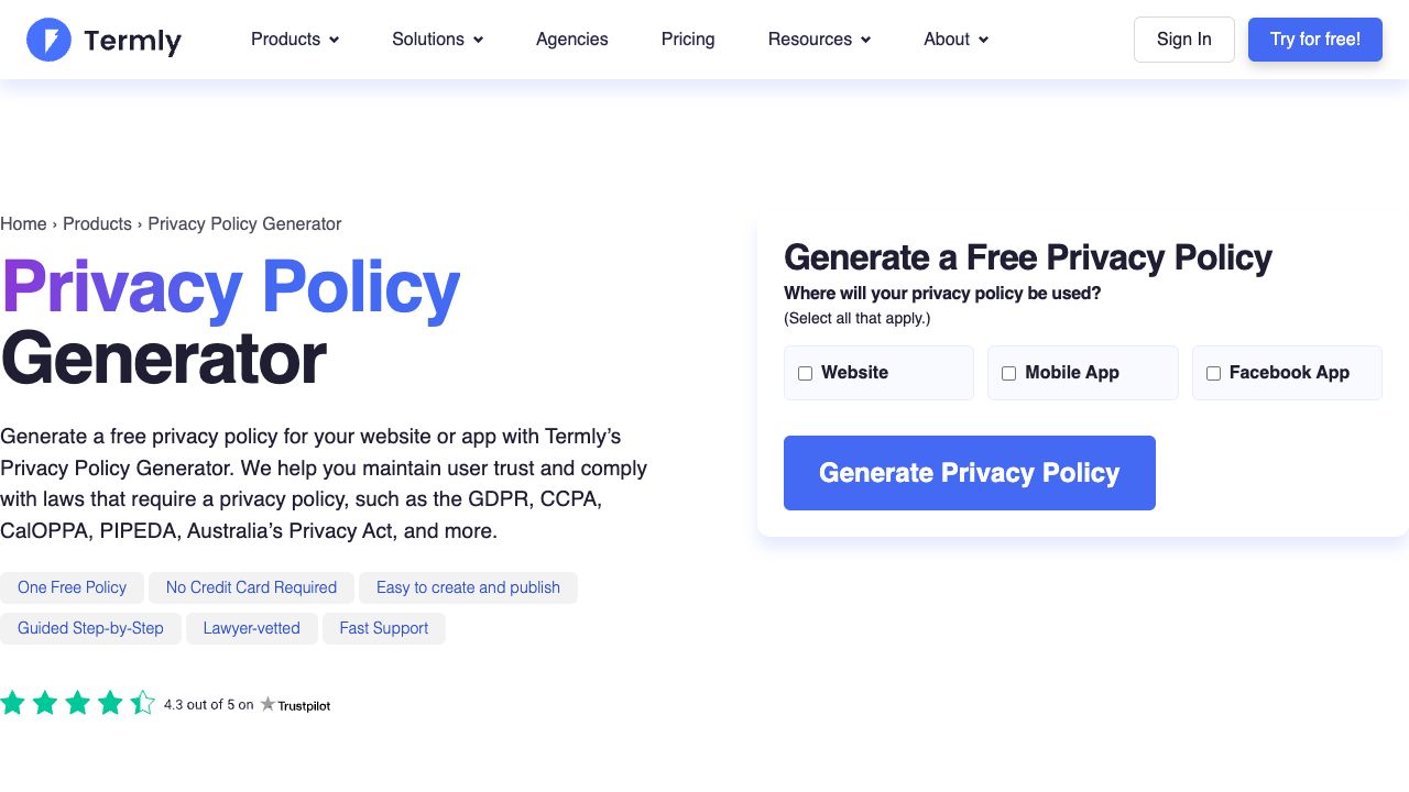 Termly privacy-policy generator with initial website and app choices