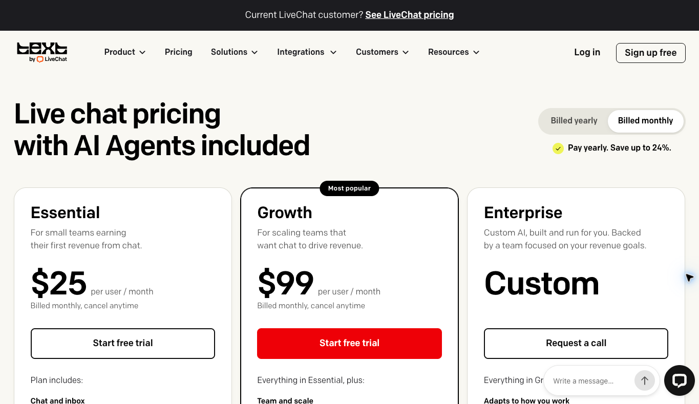 Text by LiveChat Essential at $25 and Growth at $99 per user per month, alongside custom Enterprise pricing