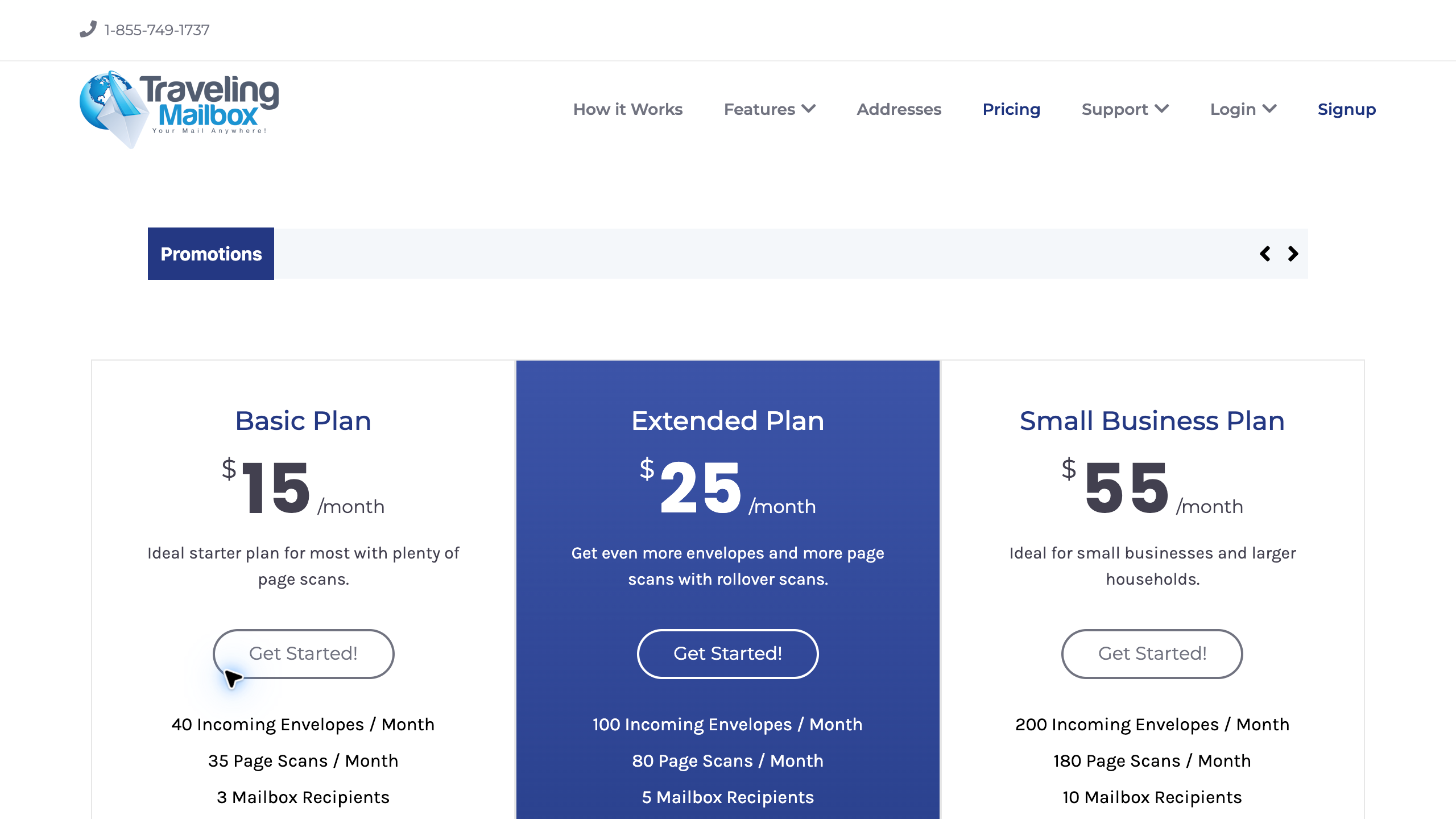 Traveling Mailbox pricing page comparing Basic, Extended, and Small Business plans