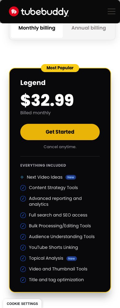 TubeBuddy Legend public monthly card showing $32.99 billed monthly and included feature headings