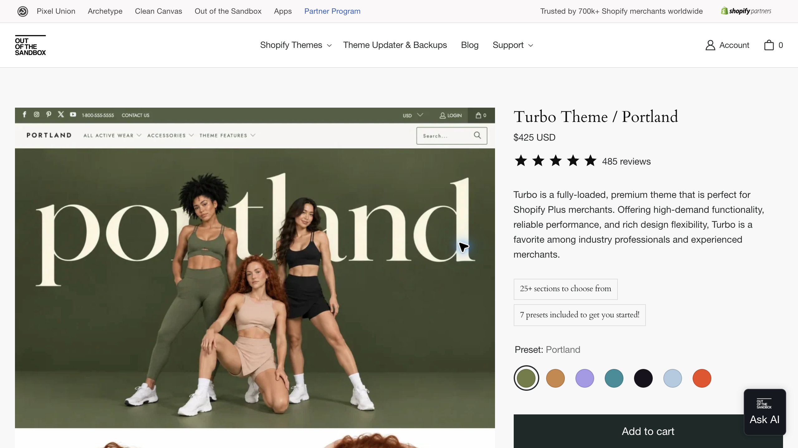 Out of the Sandbox Turbo Portland product page showing its preset, 425 USD price and included sections