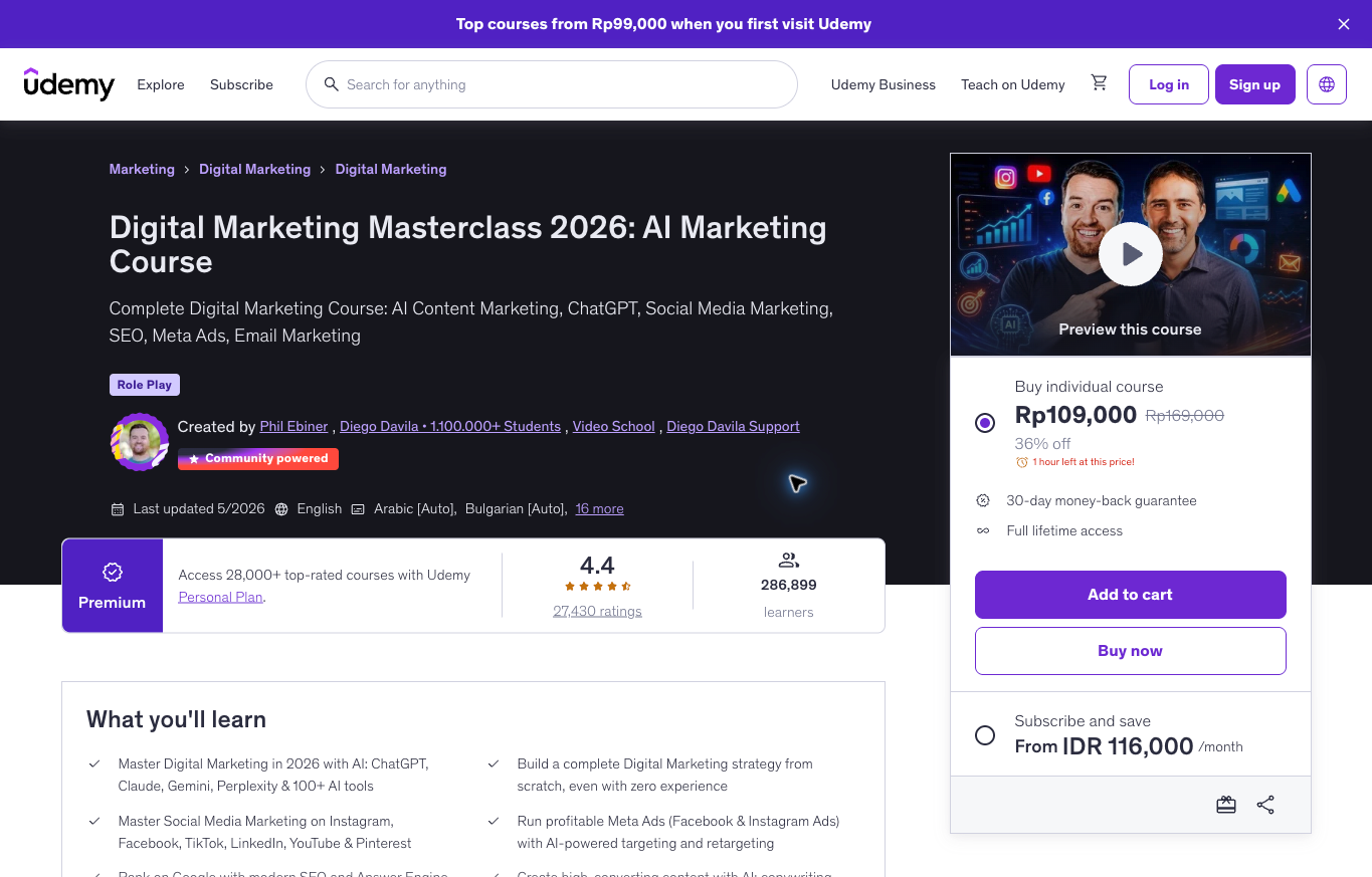 Udemy public page for Digital Marketing Masterclass 2026 AI Marketing Course