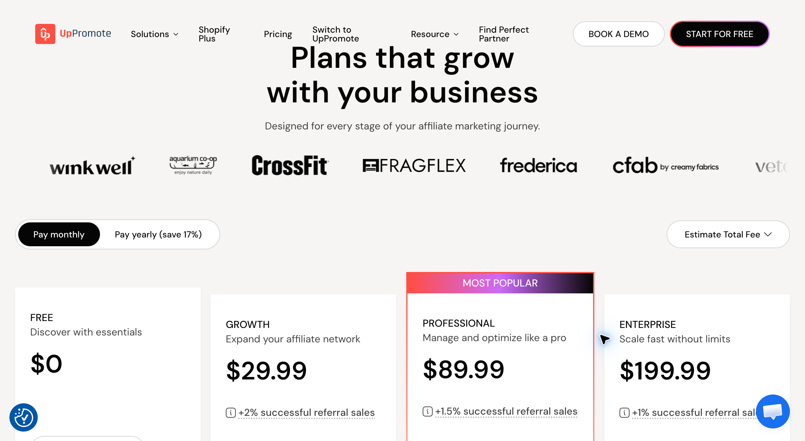 UpPromote official pricing page showing its free affiliate-program tier and paid options