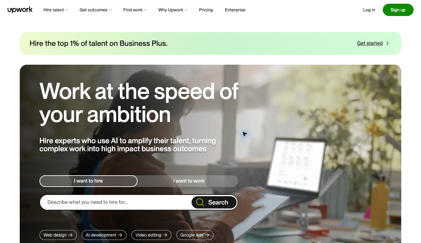 Upwork public hiring page with its marketplace headline and search for hiring needs