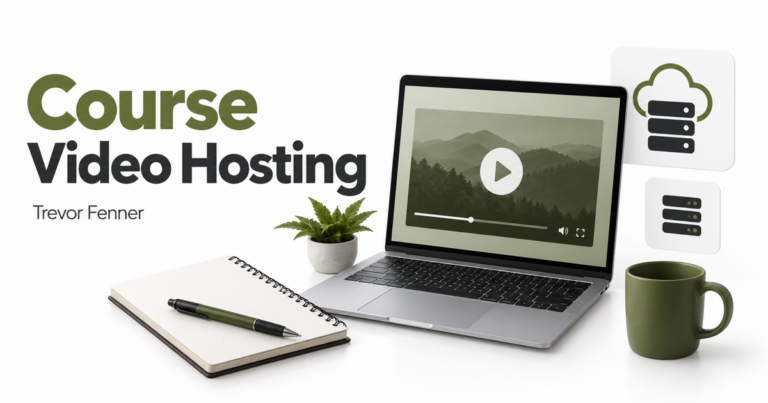 Course Video Hosting by Trevor Fenner with a generic video laptop and cloud-server icons on white.