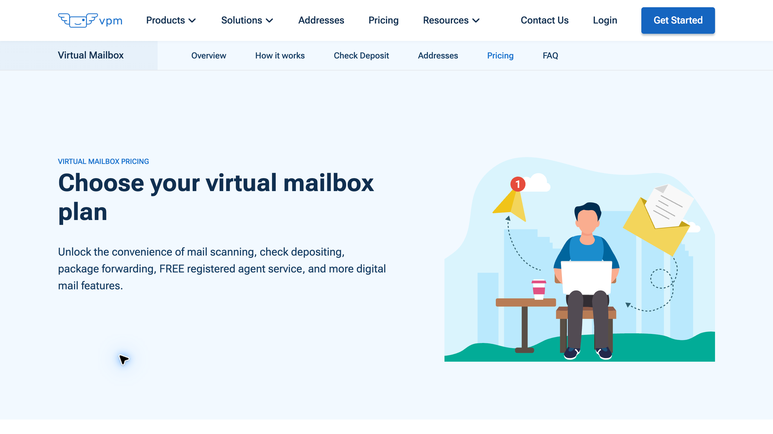 VirtualPostMail official website introducing its virtual mailbox plans