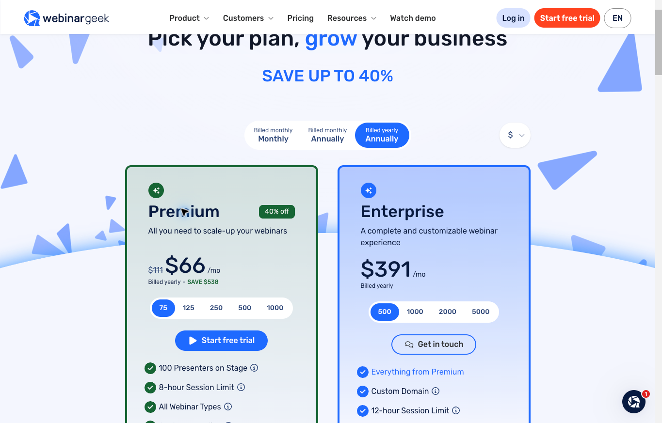WebinarGeek Premium seventy-five-viewer and Enterprise five-hundred-viewer yearly USD plan displays