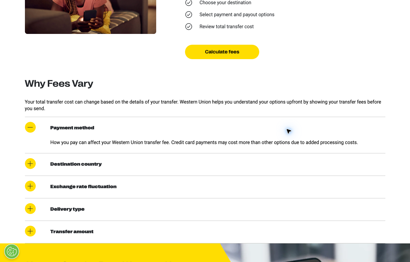 Western Union official US page explaining payment method and other factors affecting transfer costs
