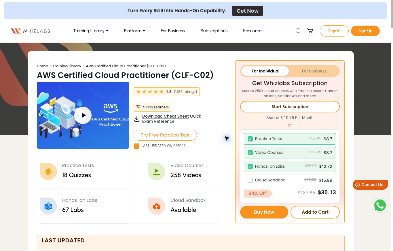 Whizlabs public AWS Certified Cloud Practitioner CLF-C02 training page