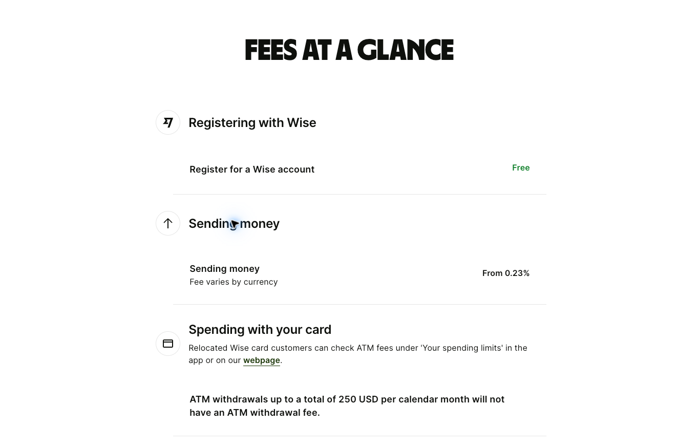 Wise official US pricing showing that the transfer fee varies by currency