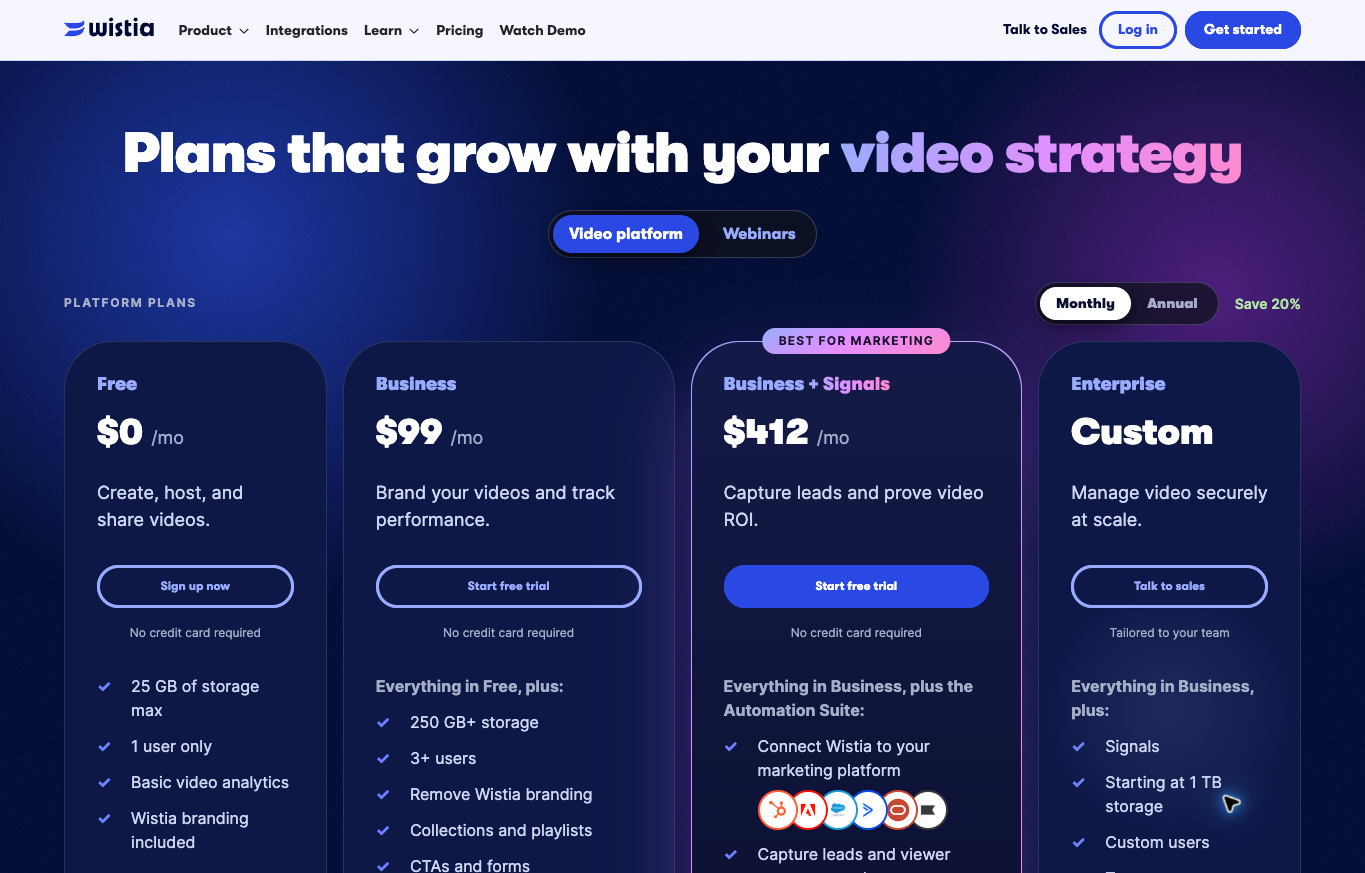 Wistia public monthly video platform pricing showing Free, Business and Enterprise options