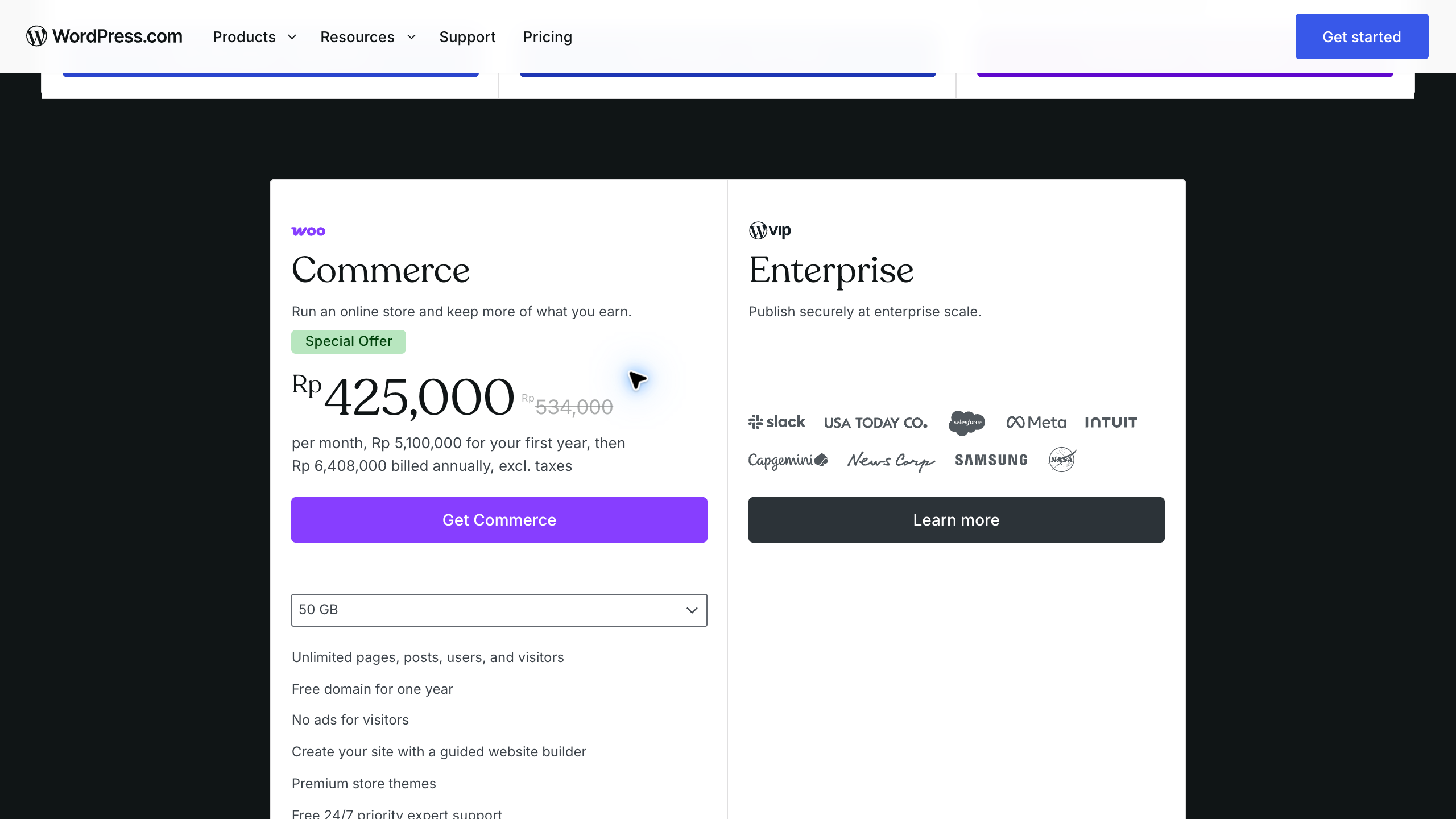 WordPress.com official Commerce and Enterprise plan cards with a localized rupiah annual-billing offer