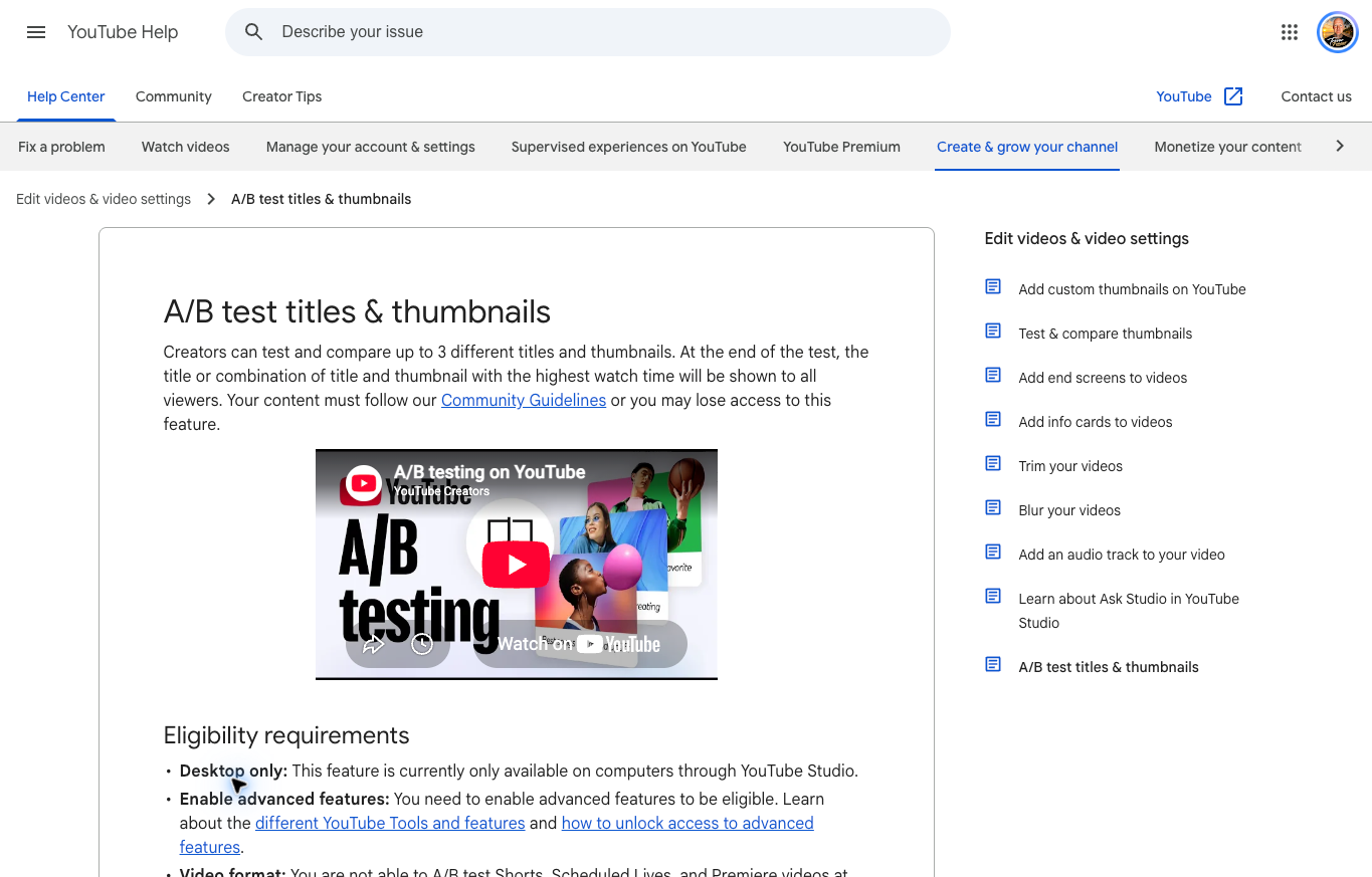 YouTube Help page explaining native title and thumbnail A/B testing eligibility