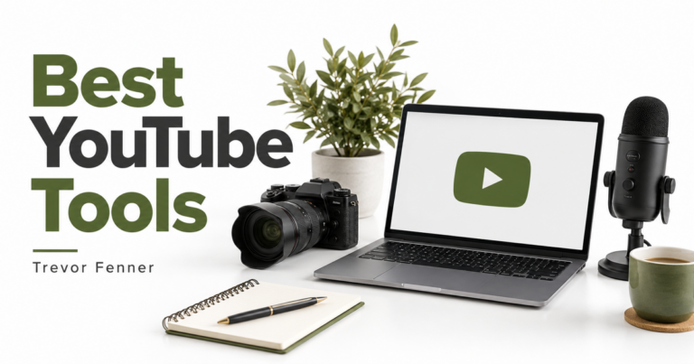 Best YouTube Tools by Trevor Fenner, with a camera, microphone and laptop on a white background.